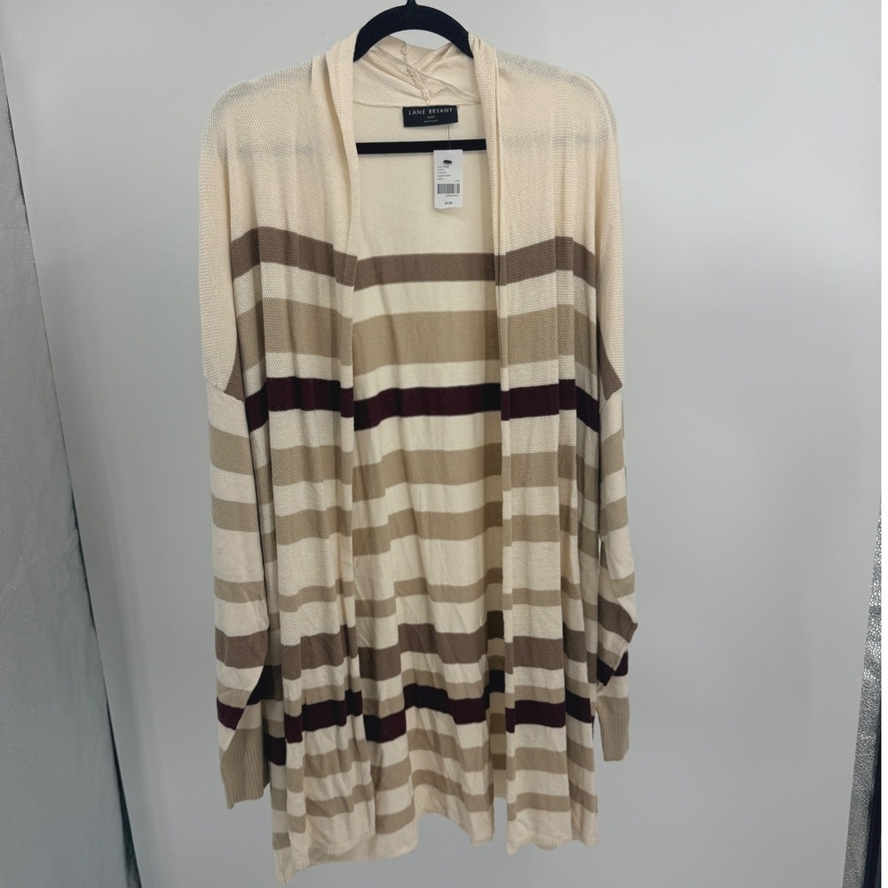 Lane Bryant Womens 26/28 Striped Open Front Cardigan Cream Tan Burgundy New 4X